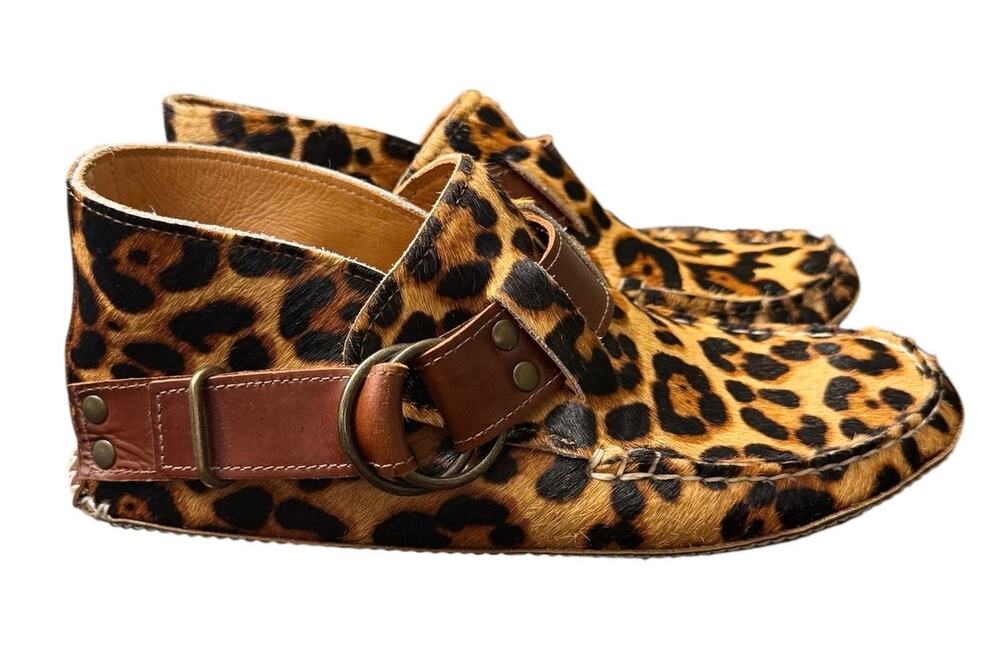 Quoddy Leopard Calf Hair Leather Camp Moc Shoes Brazil Women's 8B Handmade